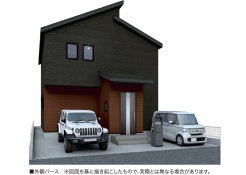 ダークトーンの外壁に温かみのある木目調が映える、洗練された佇まい。ゆとりある駐車スペースから、心地よい暮らしへの期待が膨らみます
